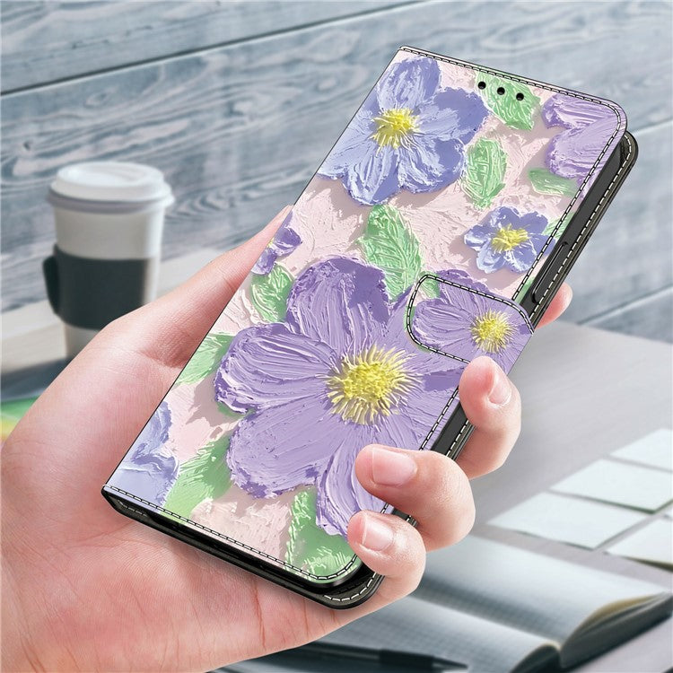 For Google Pixel 9 Pro XL Case Pattern Printing Anti-Drop Leather Flip Wallet Phone Cover - Oil Painting Purple Flowers