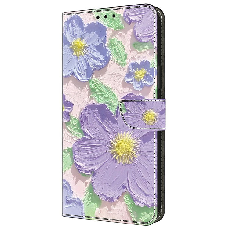 For Google Pixel 9 Pro XL Case Pattern Printing Anti-Drop Leather Flip Wallet Phone Cover - Oil Painting Purple Flowers