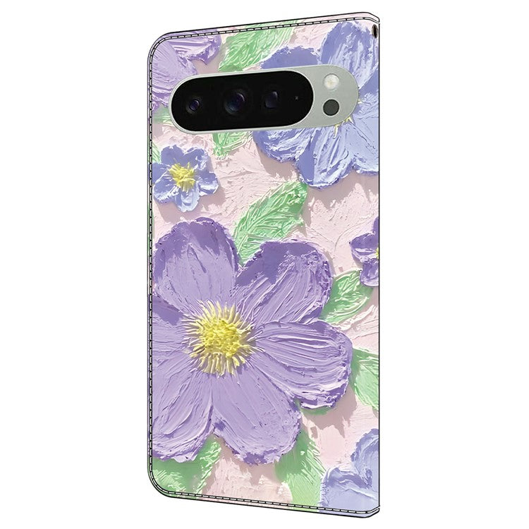 For Google Pixel 9 Pro XL Case Pattern Printing Anti-Drop Leather Flip Wallet Phone Cover - Oil Painting Purple Flowers