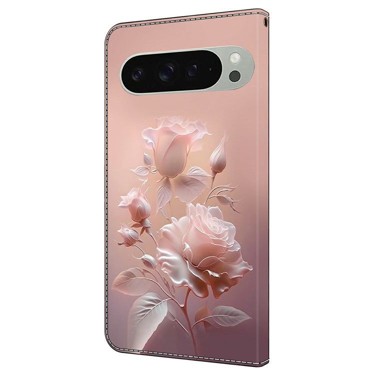 For Google Pixel 9 Pro XL Case Pattern Printing Anti-Drop Leather Flip Wallet Phone Cover - Ceramic Rose