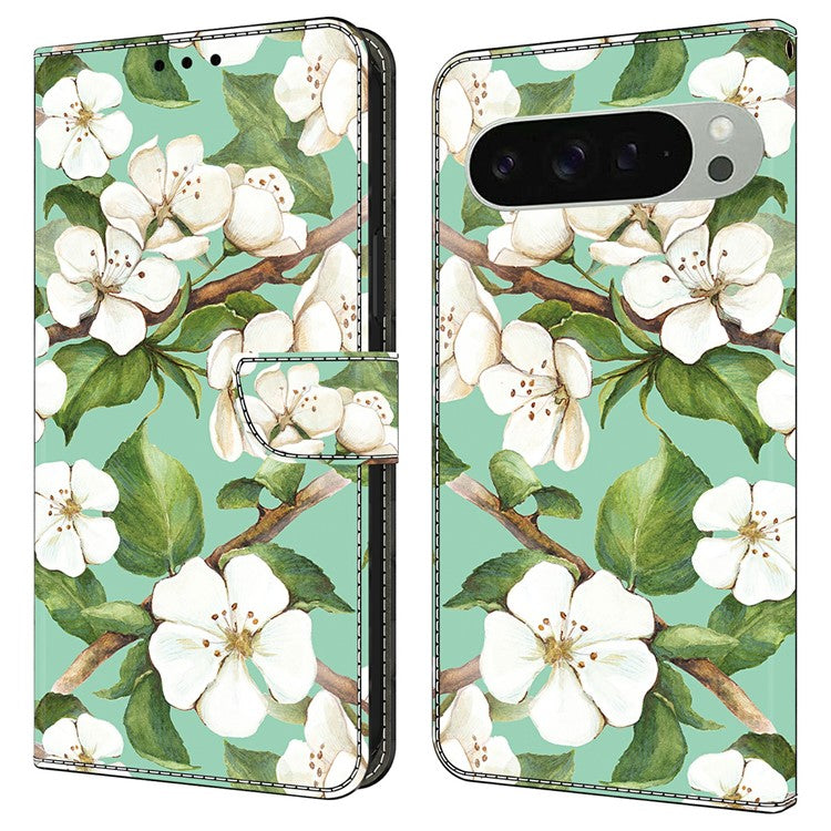 For Google Pixel 9 Pro XL Case Pattern Printing Anti-Drop Leather Flip Wallet Phone Cover - Watercolor Flowers