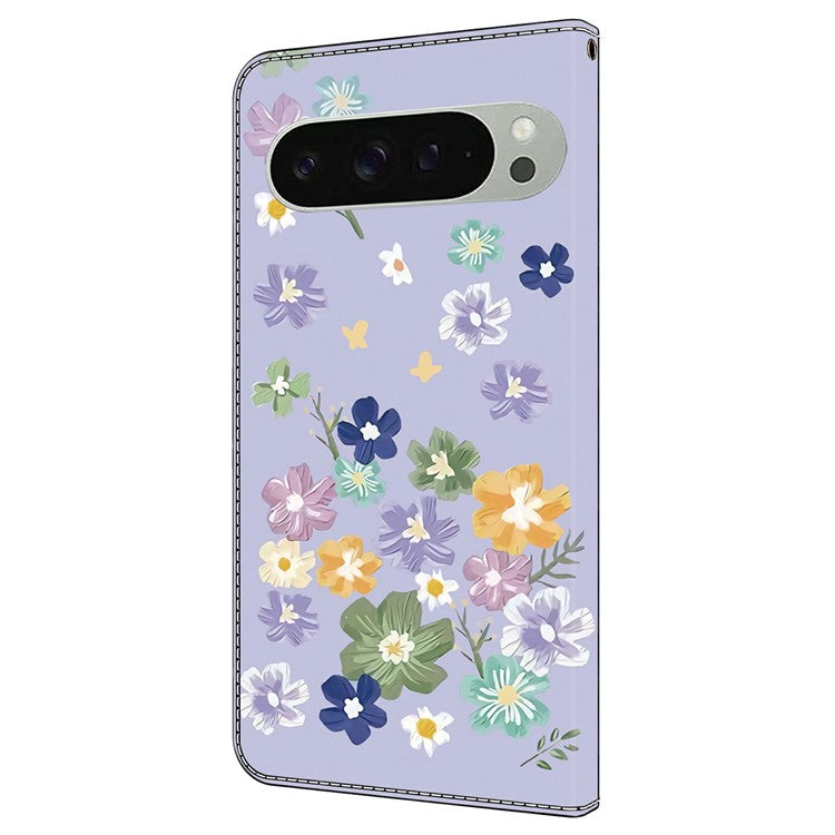 For Google Pixel 9 Pro XL Case Pattern Printing Anti-Drop Leather Flip Wallet Phone Cover - Purple Floral