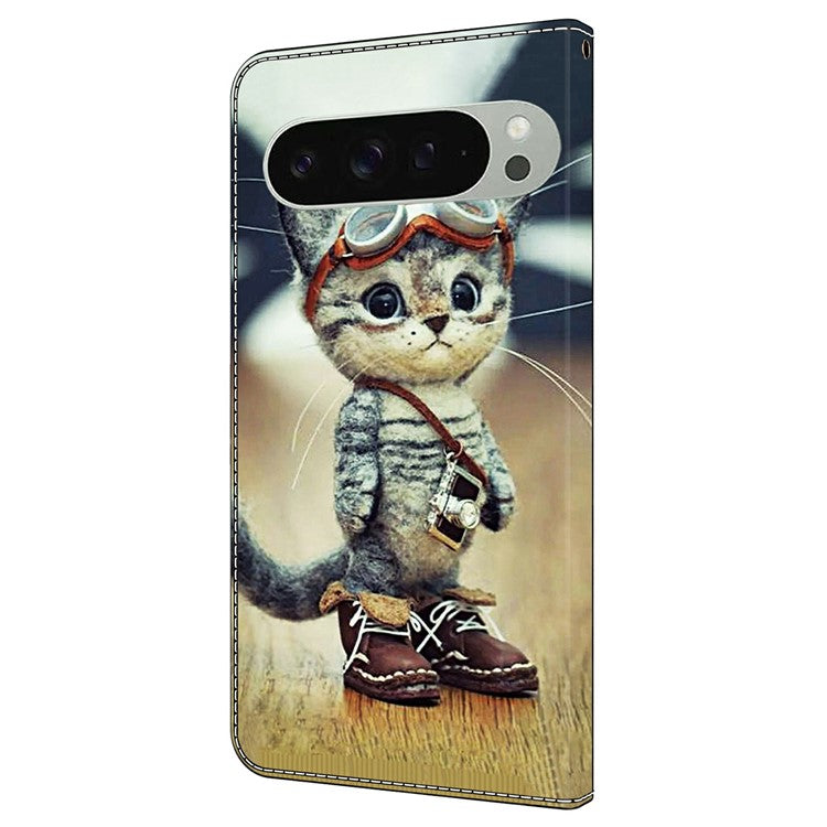 For Google Pixel 9 Pro XL Case Pattern Printing Anti-Drop Leather Flip Wallet Phone Cover - Naughty Cat