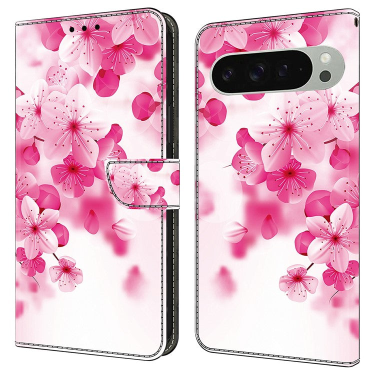 For Google Pixel 9 Pro XL Case Pattern Printing Anti-Drop Leather Flip Wallet Phone Cover - Red Flowers