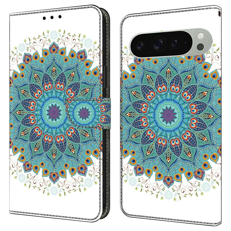 For Google Pixel 9 Pro XL Case Pattern Printing Anti-Drop Leather Flip Wallet Phone Cover - Peacock
