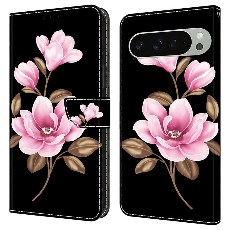For Google Pixel 9 Pro XL Case Pattern Printing Anti-Drop Leather Flip Wallet Phone Cover - Black / Flowers