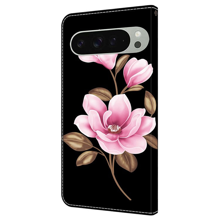 For Google Pixel 9 Pro XL Case Pattern Printing Anti-Drop Leather Flip Wallet Phone Cover - Black / Flowers