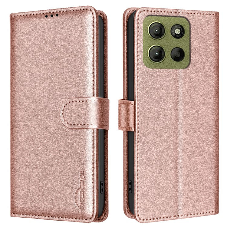 BINFEN COLOR BF32 For Motorola Moto G15 4G Leather Case Wallet RFID Blocking Phone Cover - Rose Gold