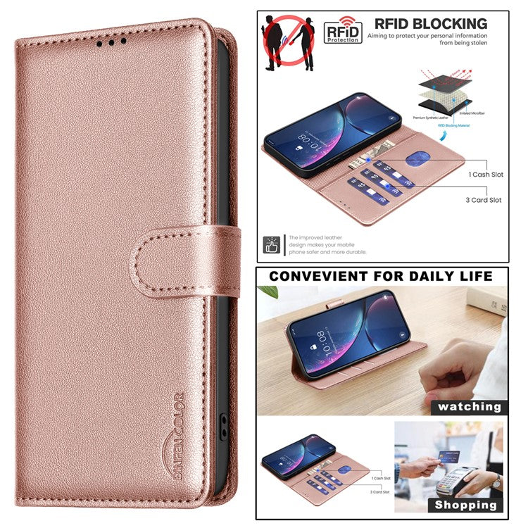 BINFEN COLOR BF32 For Motorola Moto G15 4G Leather Case Wallet RFID Blocking Phone Cover - Rose Gold