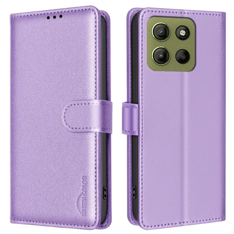 BINFEN COLOR BF32 For Motorola Moto G15 4G Leather Case Wallet RFID Blocking Phone Cover - Purple