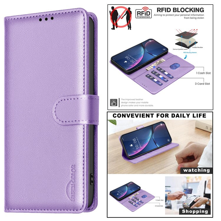BINFEN COLOR BF32 For Motorola Moto G15 4G Leather Case Wallet RFID Blocking Phone Cover - Purple