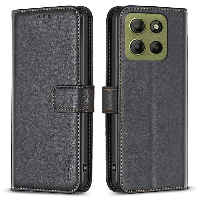 BINFEN COLOR BF17 For Motorola Moto G15 4G Case Wallet Folio Flip Leather Cover - Black