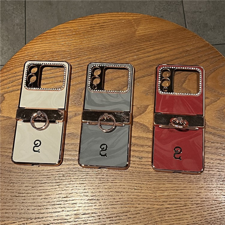 For Huawei nova Flip 5G Case Ring Holder Rhinestone Decor PU Leather PC Folding Phone Cover - Grey