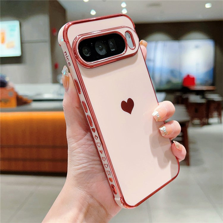 For Google Pixel 9 Pro XL Case TPU Phone Back Cover Electroplating Heart Pattern - Rose Pink