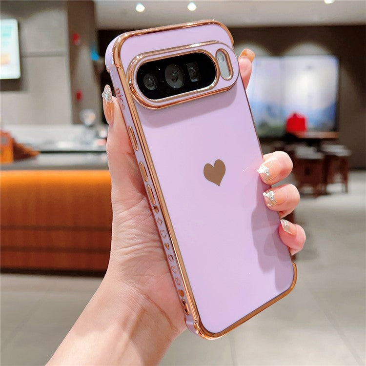 For Google Pixel 9 Pro XL Case TPU Phone Back Cover Electroplating Heart Pattern - Purple