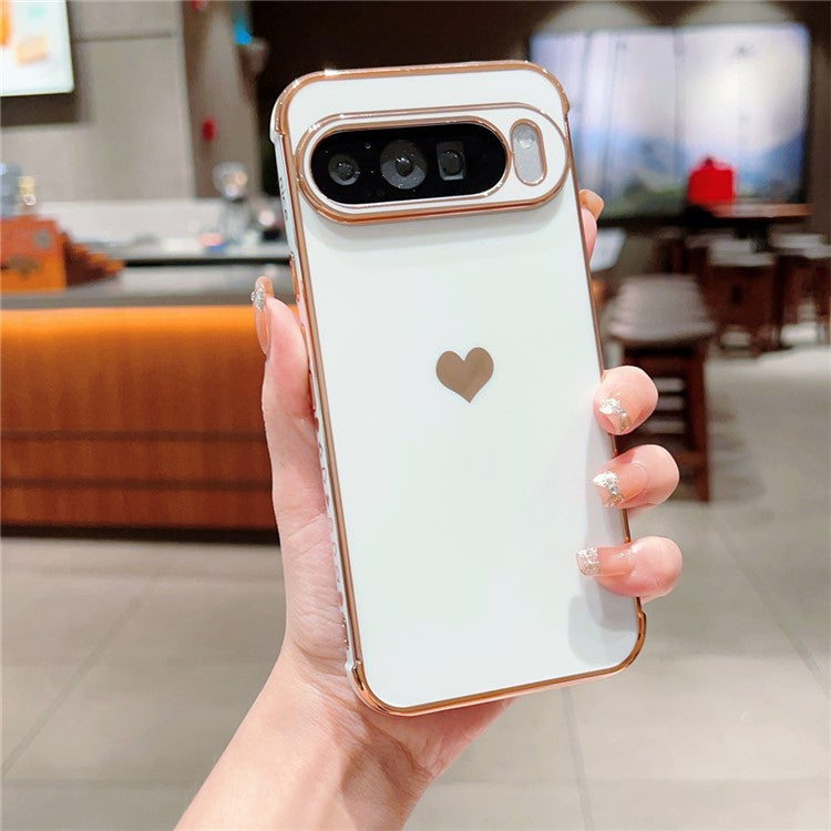 For Google Pixel 9 Pro XL Case TPU Phone Back Cover Electroplating Heart Pattern - Ivory White