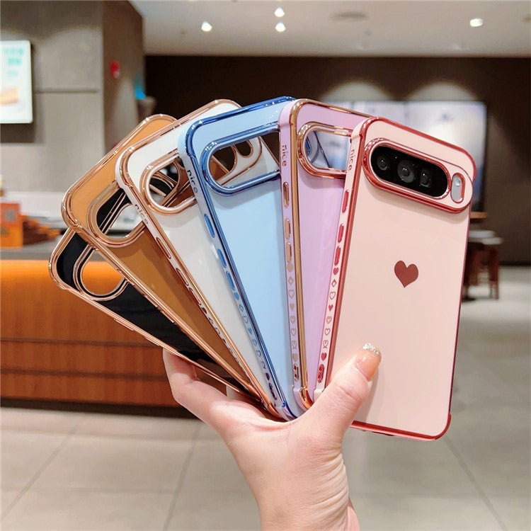 For Google Pixel 9 Pro XL Case TPU Phone Back Cover Electroplating Heart Pattern - Black