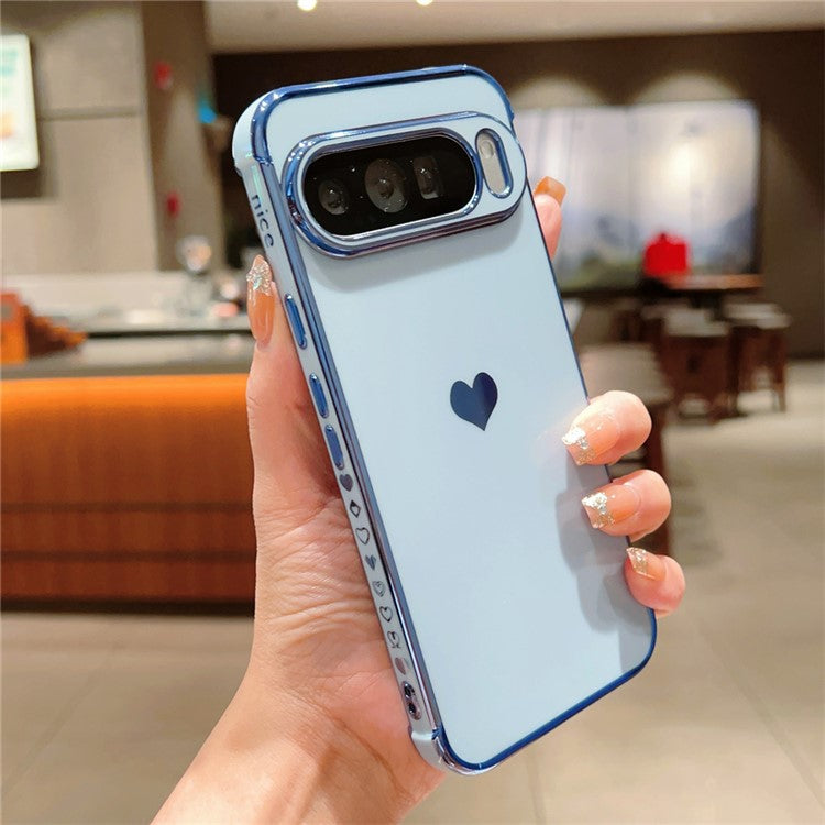 For Google Pixel 9 Pro XL Case TPU Phone Back Cover Electroplating Heart Pattern - Blue