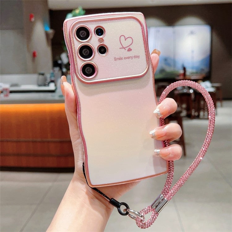 For Samsung Galaxy S24 Ultra Case with Strap TPU Phone Back Cover Dazzling Design Curly Shape Love Heart - Colorful Pink