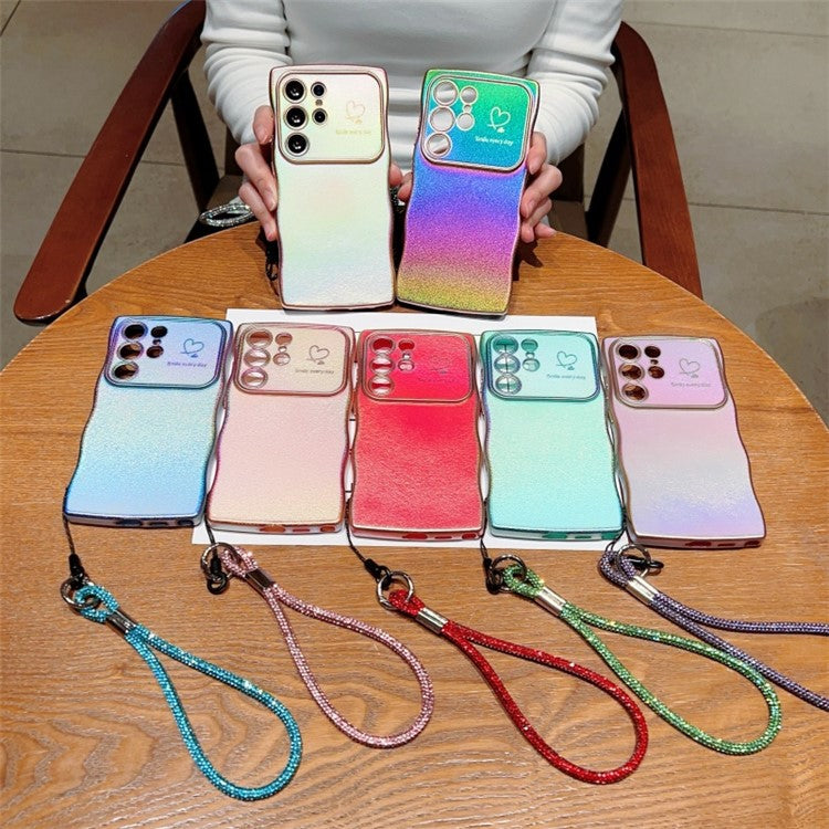 For Samsung Galaxy S24 Ultra Case with Strap TPU Phone Back Cover Dazzling Design Curly Shape Love Heart - Colorful Pink