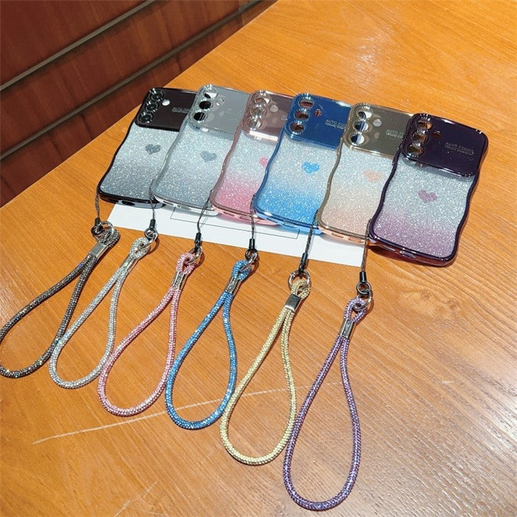 For Samsung Galaxy S25 Case with Strap Electroplating TPU Phone Cover Love Heart Gradient Glitter - Dark Purple