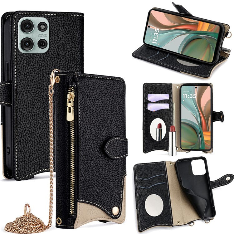 For Motorola Moto G75 5G Leather Case Wallet Stand Cover Irregular Tail Style with Chain Strap - Black