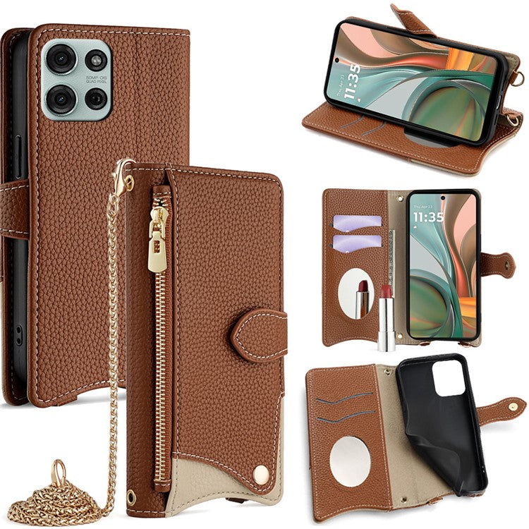 For Motorola Moto G75 5G Leather Case Wallet Stand Cover Irregular Tail Style with Chain Strap - Brown