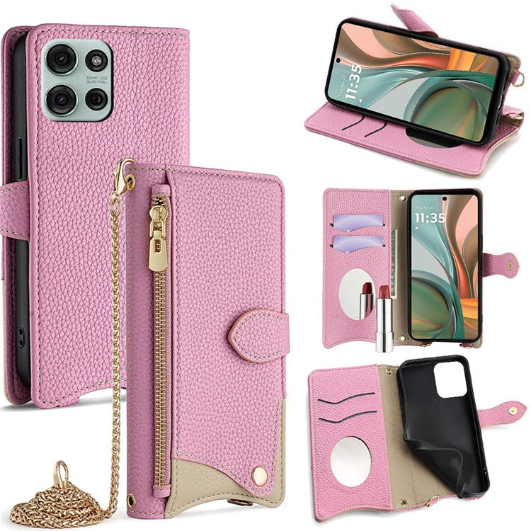 For Motorola Moto G75 5G Leather Case Wallet Stand Cover Irregular Tail Style with Chain Strap - Pink