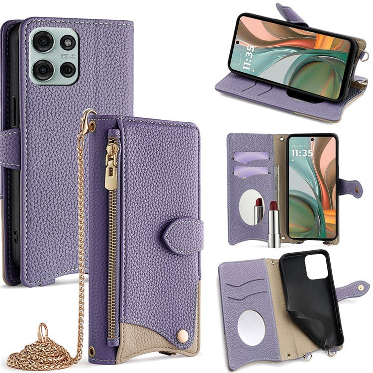 For Motorola Moto G75 5G Leather Case Wallet Stand Cover Irregular Tail Style with Chain Strap - Purple