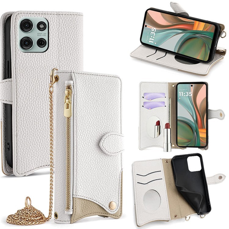 For Motorola Moto G75 5G Leather Case Wallet Stand Cover Irregular Tail Style with Chain Strap - White