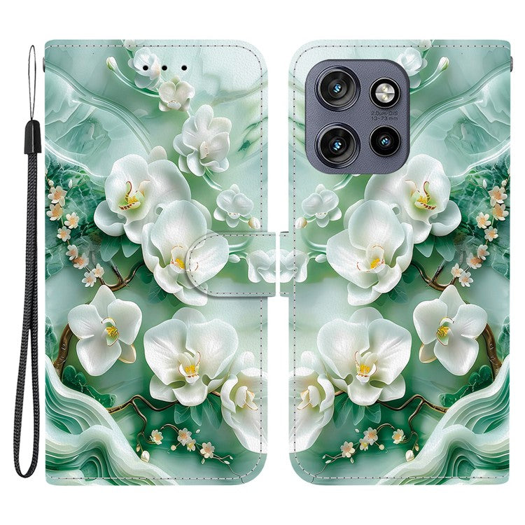 Leather Case For Motorola Edge 50 Neo 5G  /  Moto S50 5G  /  ThinkPhone 25 5G Pattern Printing Flip Wallet Phone Cover with Lanyard - Jade Flower