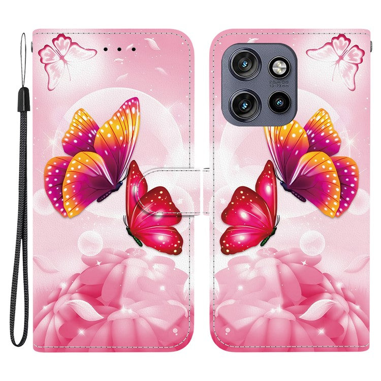 Leather Case For Motorola Edge 50 Neo 5G  /  Moto S50 5G  /  ThinkPhone 25 5G Pattern Printing Flip Wallet Phone Cover with Lanyard - Pink Butterfly