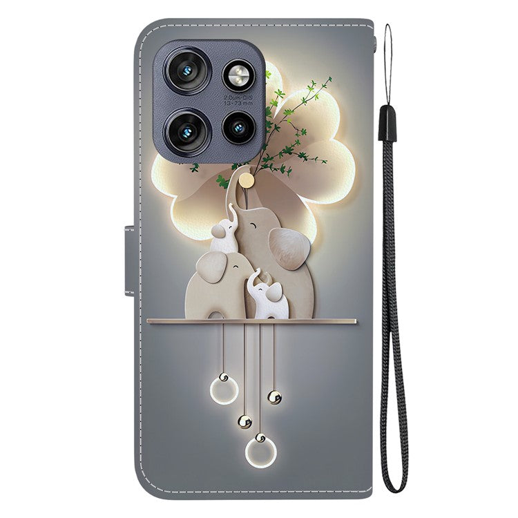 Leather Case For Motorola Edge 50 Neo 5G  /  Moto S50 5G  /  ThinkPhone 25 5G Pattern Printing Flip Wallet Phone Cover with Lanyard - Three Elephants