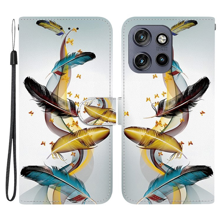 Leather Case For Motorola Edge 50 Neo 5G  /  Moto S50 5G  /  ThinkPhone 25 5G Pattern Printing Flip Wallet Phone Cover with Lan - Golden Butterfly Feather