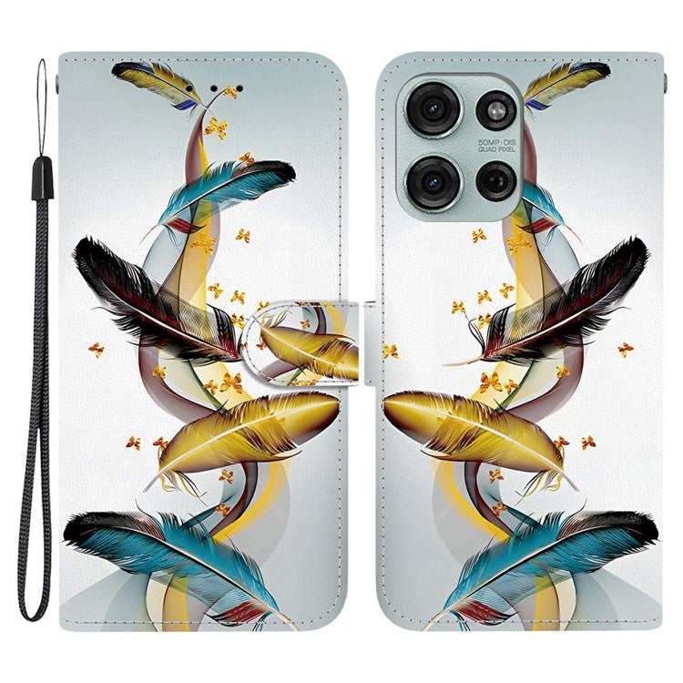 For Motorola Moto G75 5G Case Pattern Printing Anti-Drop Leather Flip Wallet Phone Cover with Lanyard - Golden Butterfly Feather