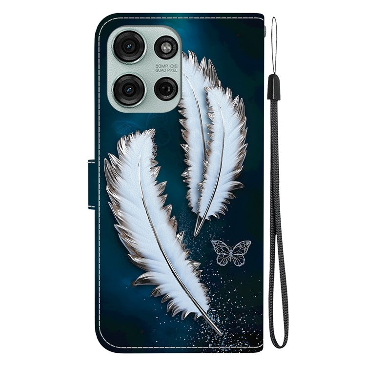 For Motorola Moto G75 5G Case Pattern Printing Anti-Drop Leather Flip Wallet Phone Cover with Lanyard - White Butterfly Feather