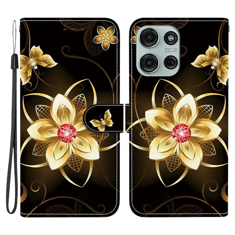 For Motorola Moto G75 5G Case Pattern Printing Anti-Drop Leather Flip Wallet Phone Cover with Lanyard - Golden Flower