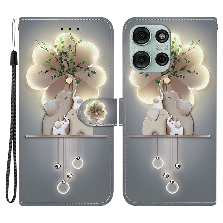 For Motorola Moto G75 5G Case Pattern Printing Anti-Drop Leather Flip Wallet Phone Cover with Lanyard - Three Elephants