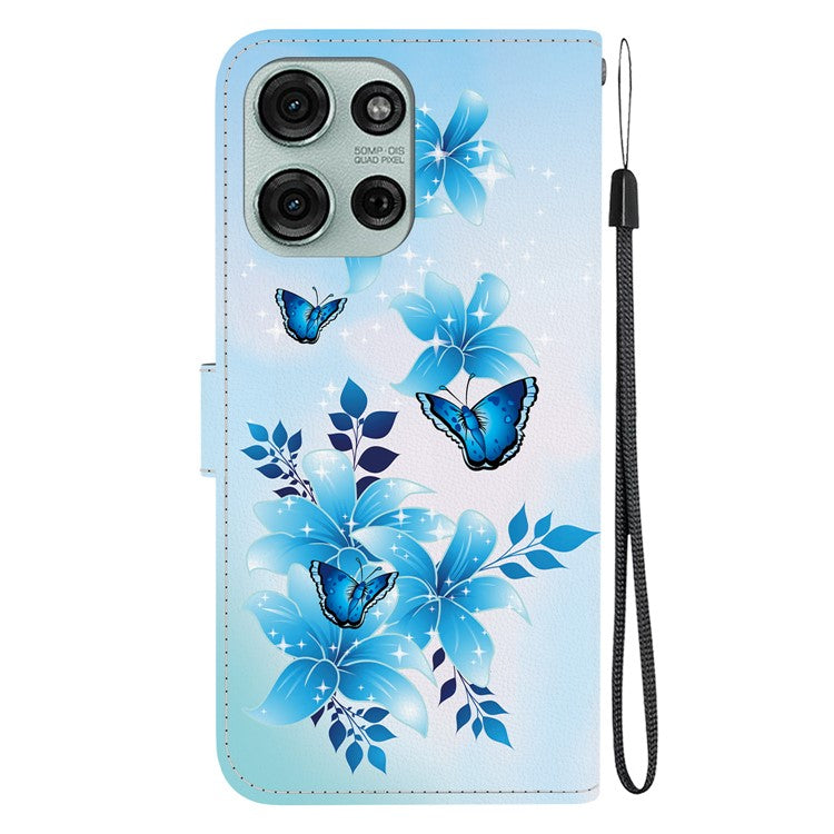For Motorola Moto G75 5G Case Pattern Printing Anti-Drop Leather Flip Wallet Phone Cover with Lanyard - Blue Butterfly