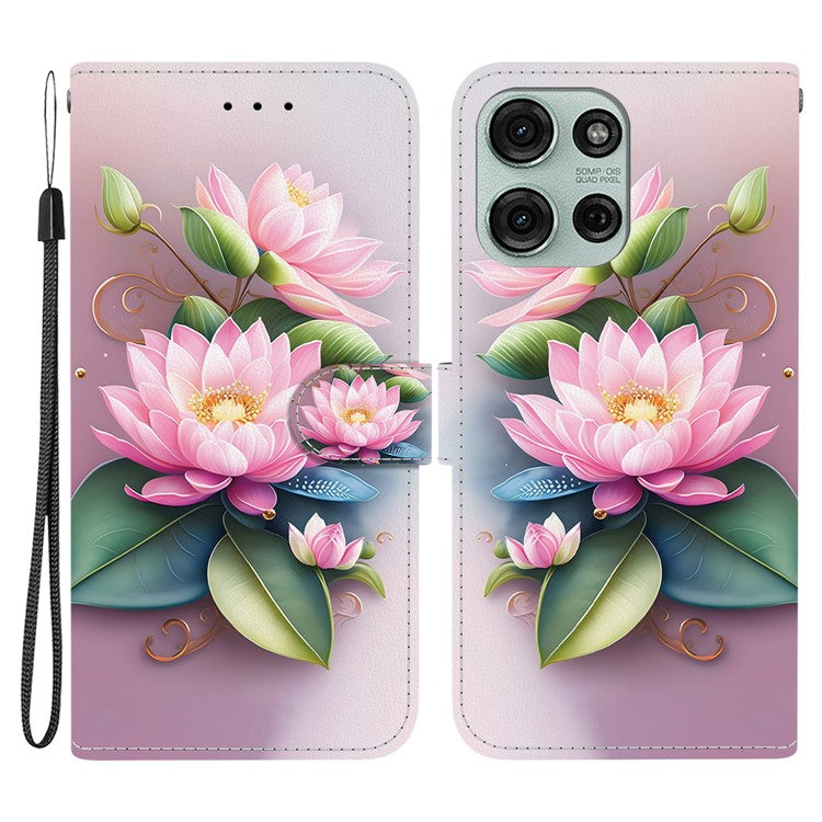 For Motorola Moto G75 5G Case Pattern Printing Anti-Drop Leather Flip Wallet Phone Cover with Lanyard - Lotus