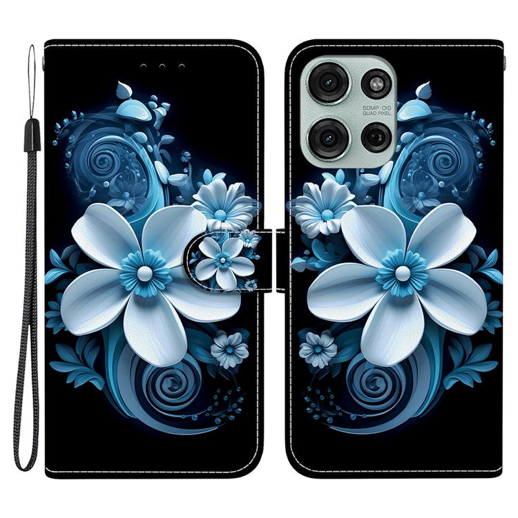 For Motorola Moto G75 5G Case Pattern Printing Anti-Drop Leather Flip Wallet Phone Cover with Lanyard - Black Orchid