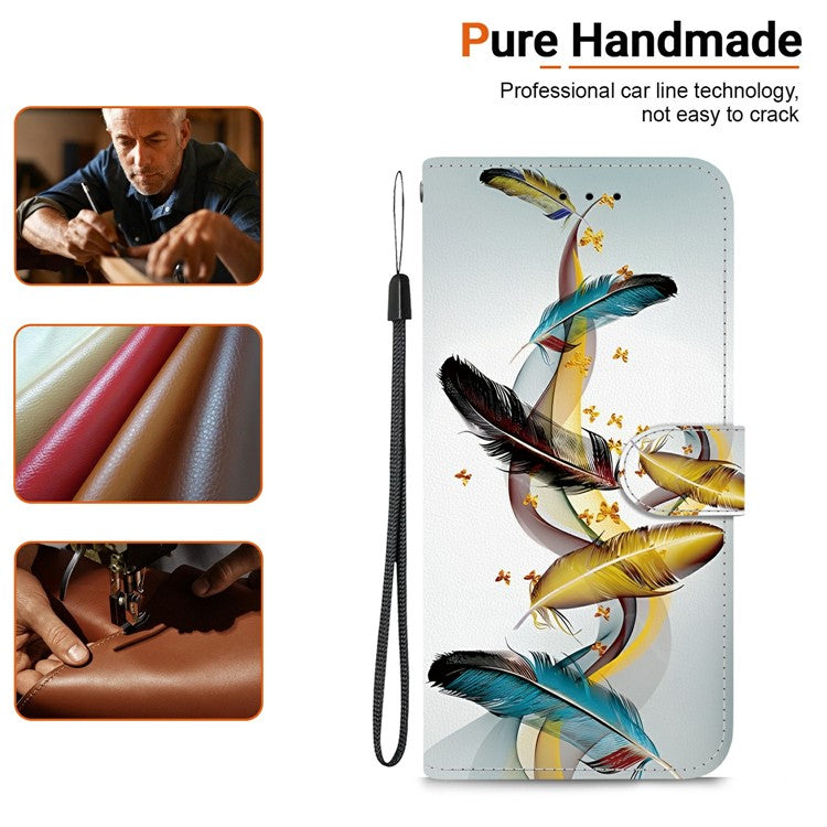 Phone Case For Xiaomi Redmi 14C 4G  /  Redmi 14R 5G  /  Poco C75 4G Pattern Printing Leather Flip Wallet Cover with Lanyard - Golden Butterfly Feather