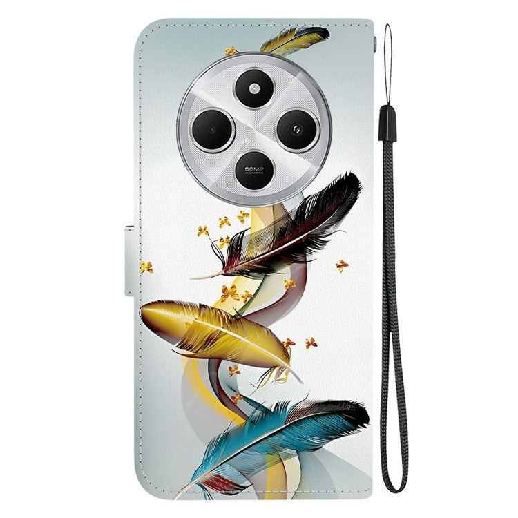 Phone Case For Xiaomi Redmi 14C 4G  /  Redmi 14R 5G  /  Poco C75 4G Pattern Printing Leather Flip Wallet Cover with Lanyard - Golden Butterfly Feather