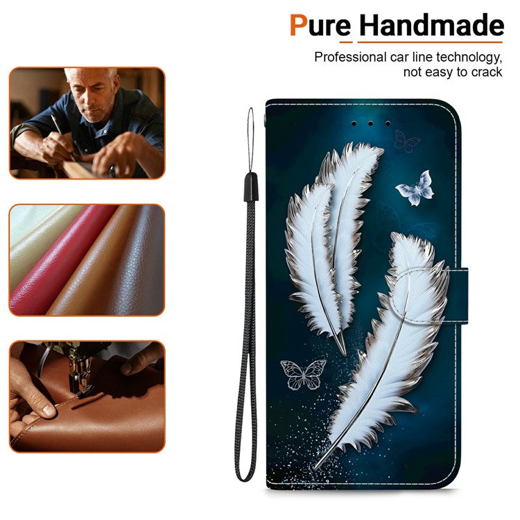 Phone Case For Xiaomi Redmi 14C 4G  /  Redmi 14R 5G  /  Poco C75 4G Pattern Printing Leather Flip Wallet Cover with Lanyard - White Butterfly Feather