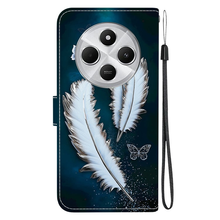 Phone Case For Xiaomi Redmi 14C 4G  /  Redmi 14R 5G  /  Poco C75 4G Pattern Printing Leather Flip Wallet Cover with Lanyard - White Butterfly Feather