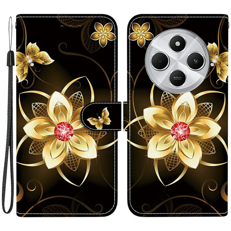 Phone Case For Xiaomi Redmi 14C 4G  /  Redmi 14R 5G  /  Poco C75 4G Pattern Printing Leather Flip Wallet Cover with Lanyard - Golden Flower
