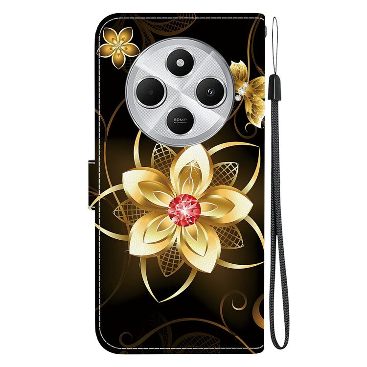 Phone Case For Xiaomi Redmi 14C 4G  /  Redmi 14R 5G  /  Poco C75 4G Pattern Printing Leather Flip Wallet Cover with Lanyard - Golden Flower
