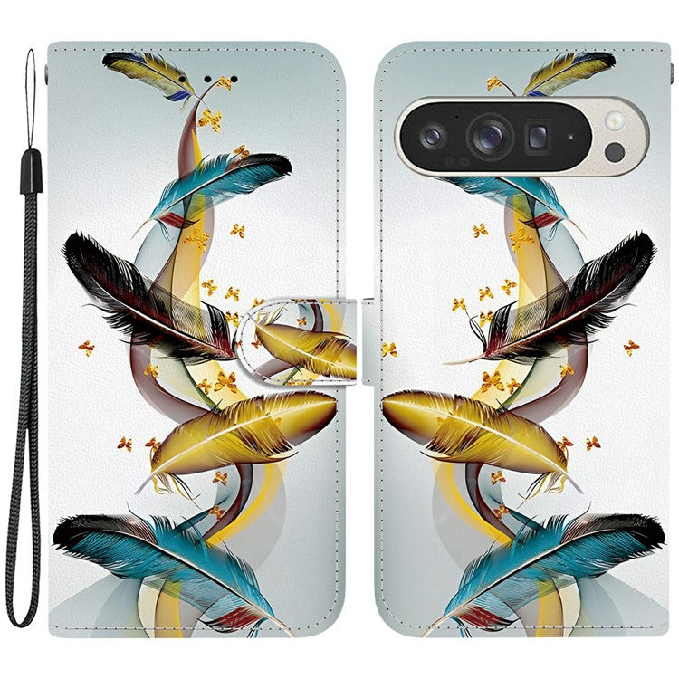 For Google Pixel 9 Pro XL Case Pattern Printing Anti-Drop Leather Flip Wallet Phone Cover with Lanyard - Golden Butterfly Feather