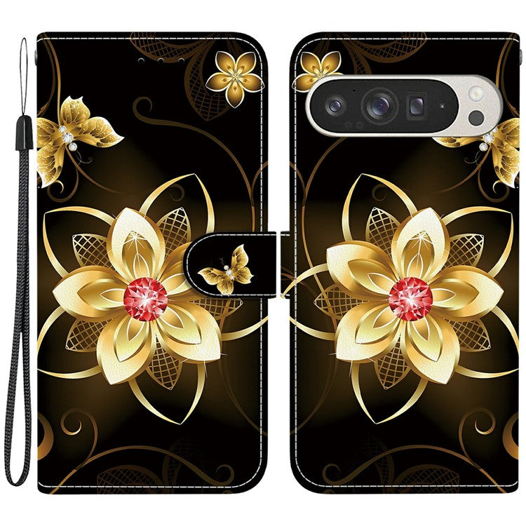 For Google Pixel 9 Pro XL Case Pattern Printing Anti-Drop Leather Flip Wallet Phone Cover with Lanyard - Golden Flower