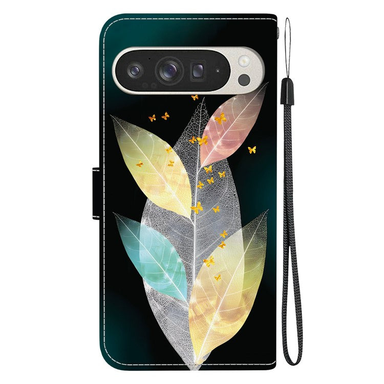 For Google Pixel 9 Pro XL Case Pattern Printing Anti-Drop Leather Flip Wallet Phone Cover with Lanyard - Colored Leaves